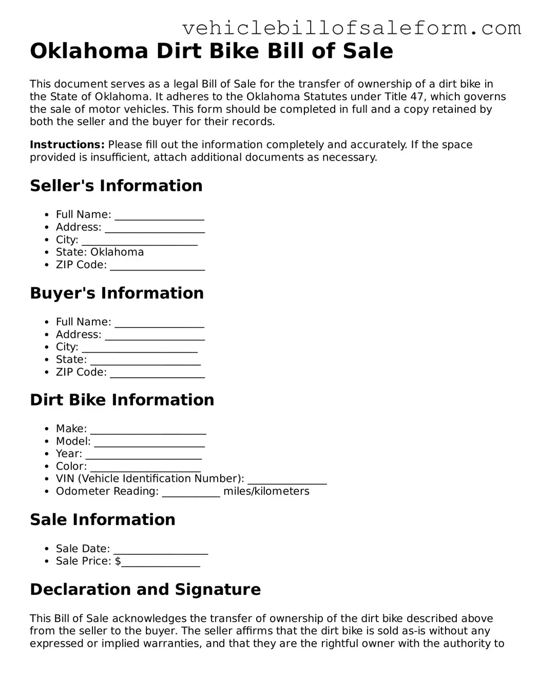 Printable  Dirt Bike Bill of Sale Template for Oklahoma