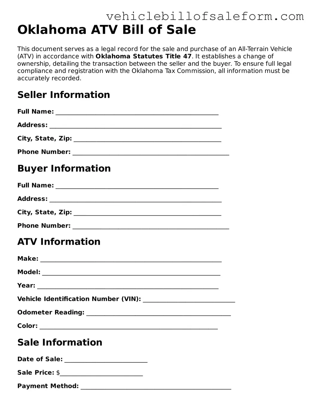 Printable  ATV Bill of Sale Template for Oklahoma