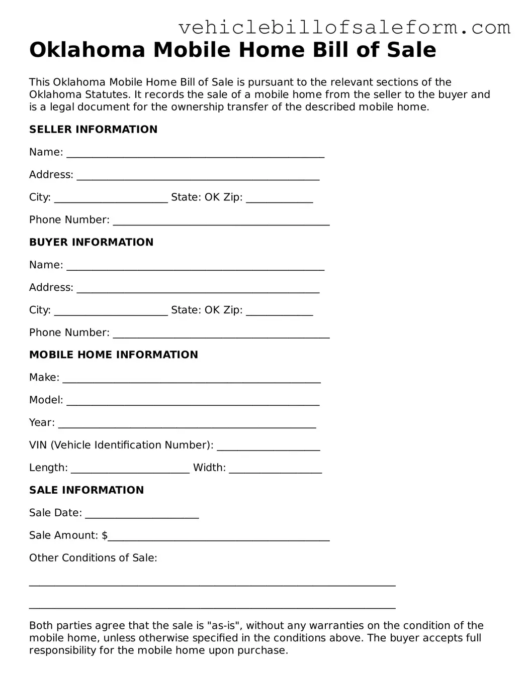 Printable  Mobile Home Bill of Sale Template for Oklahoma