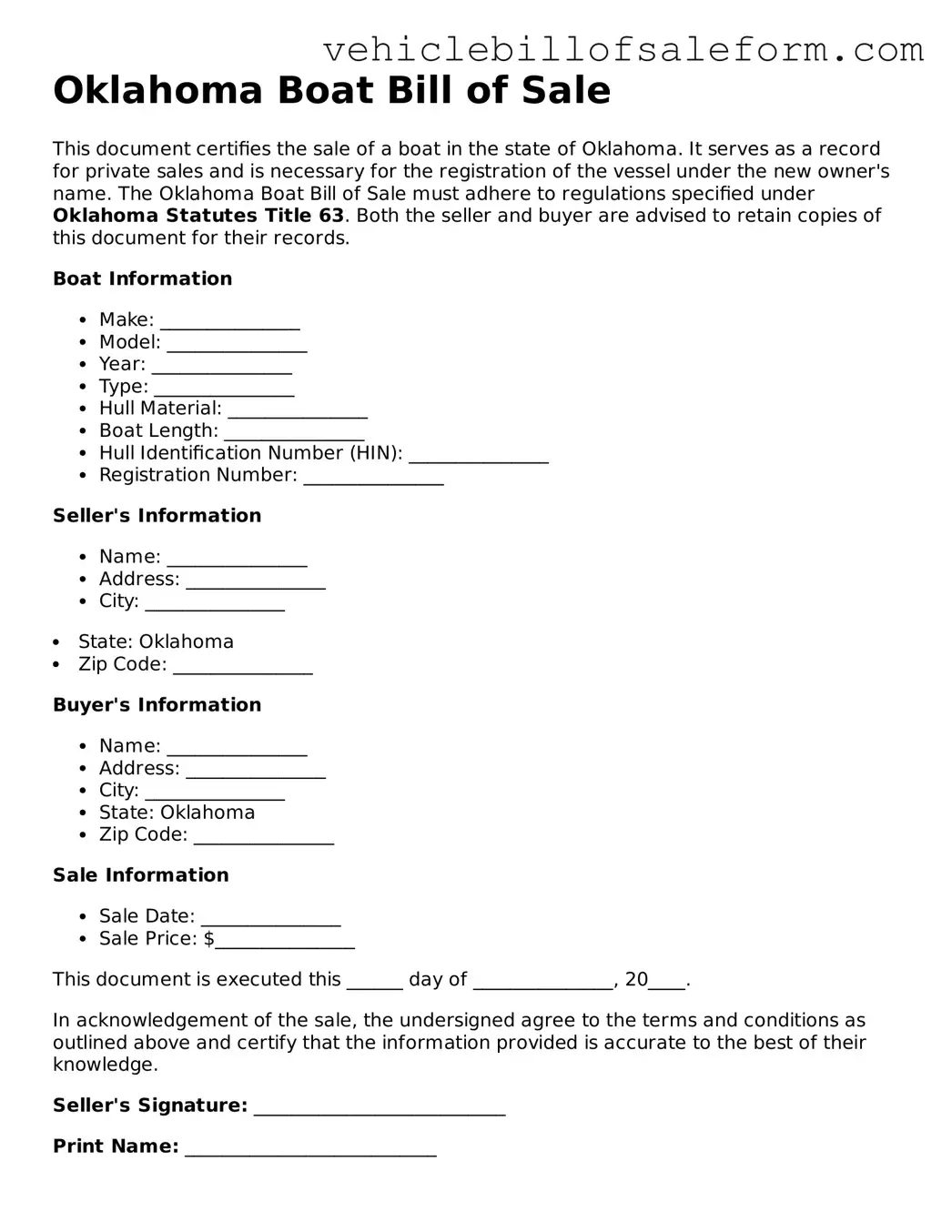 Printable  Boat Bill of Sale Template for Oklahoma