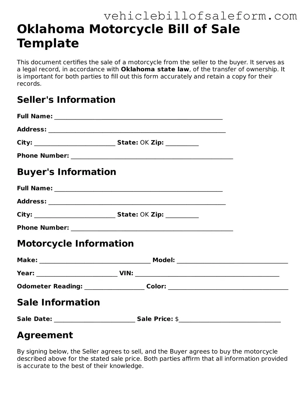 Printable  Motorcycle Bill of Sale Template for Oklahoma