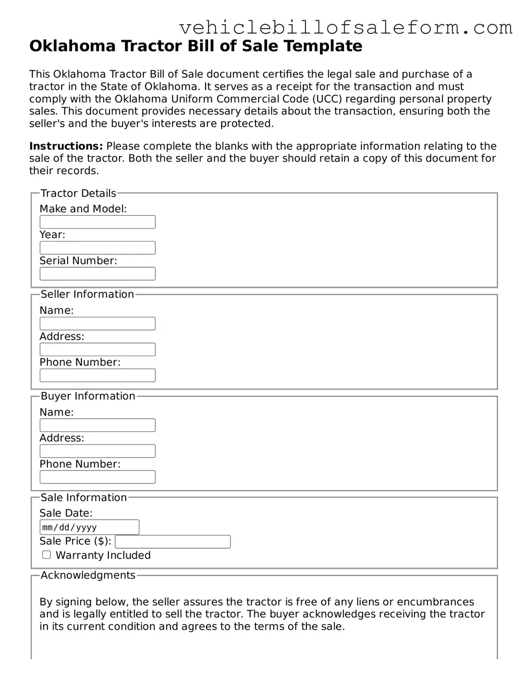 Printable  Tractor Bill of Sale Template for Oklahoma