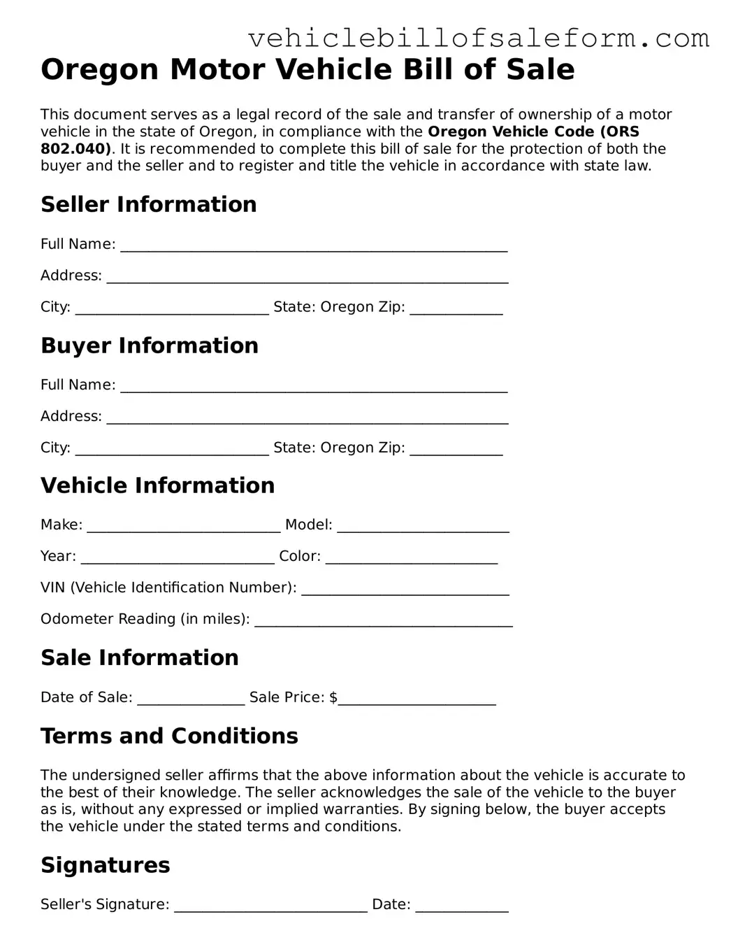 Printable  Motor Vehicle Bill of Sale Template for Oregon