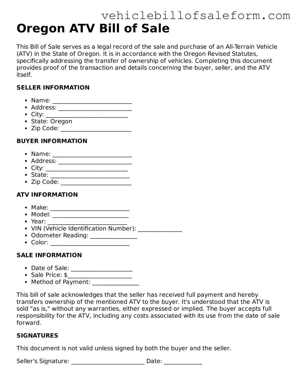 Printable  ATV Bill of Sale Template for Oregon