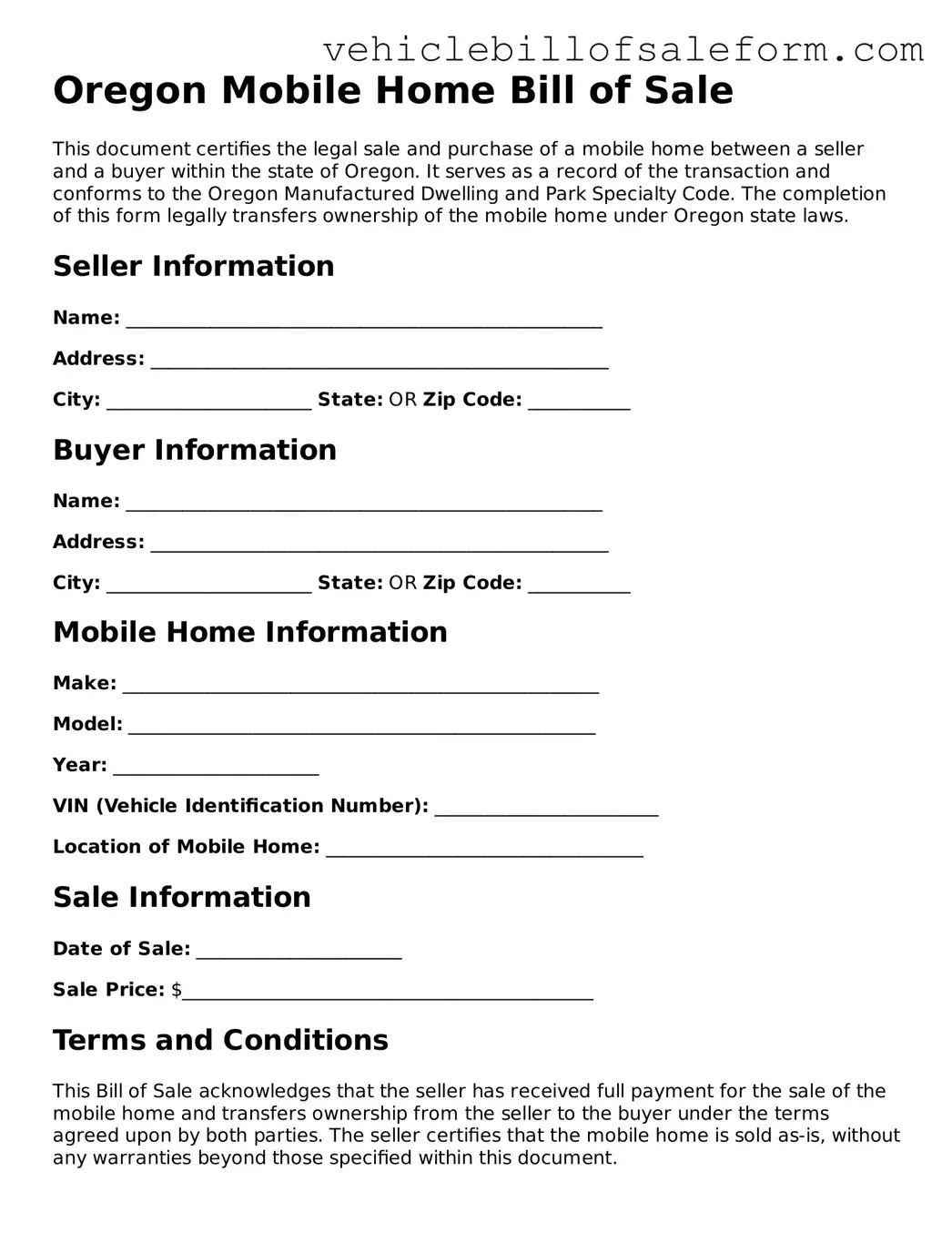 Printable  Mobile Home Bill of Sale Template for Oregon