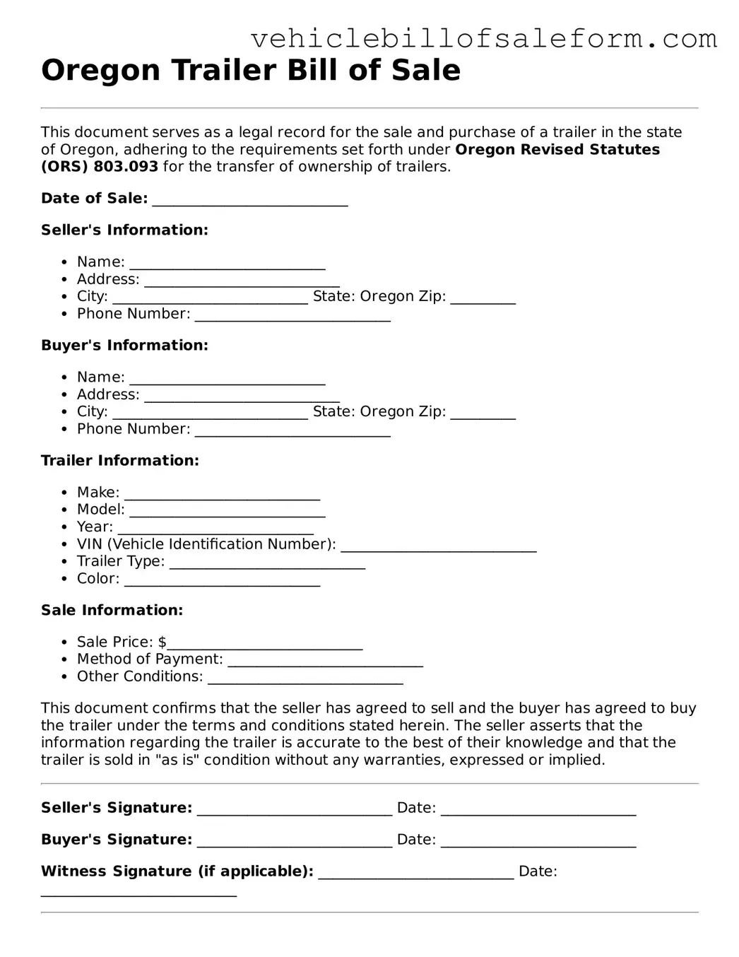 Printable  Trailer Bill of Sale Template for Oregon