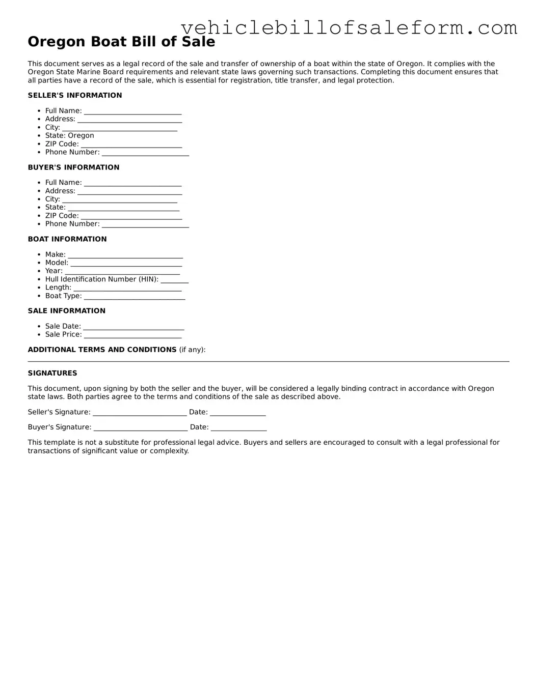 Printable  Boat Bill of Sale Template for Oregon