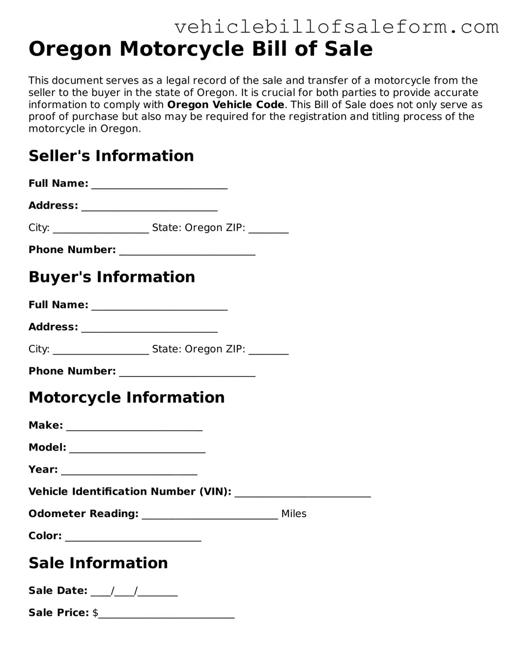 Printable  Motorcycle Bill of Sale Template for Oregon