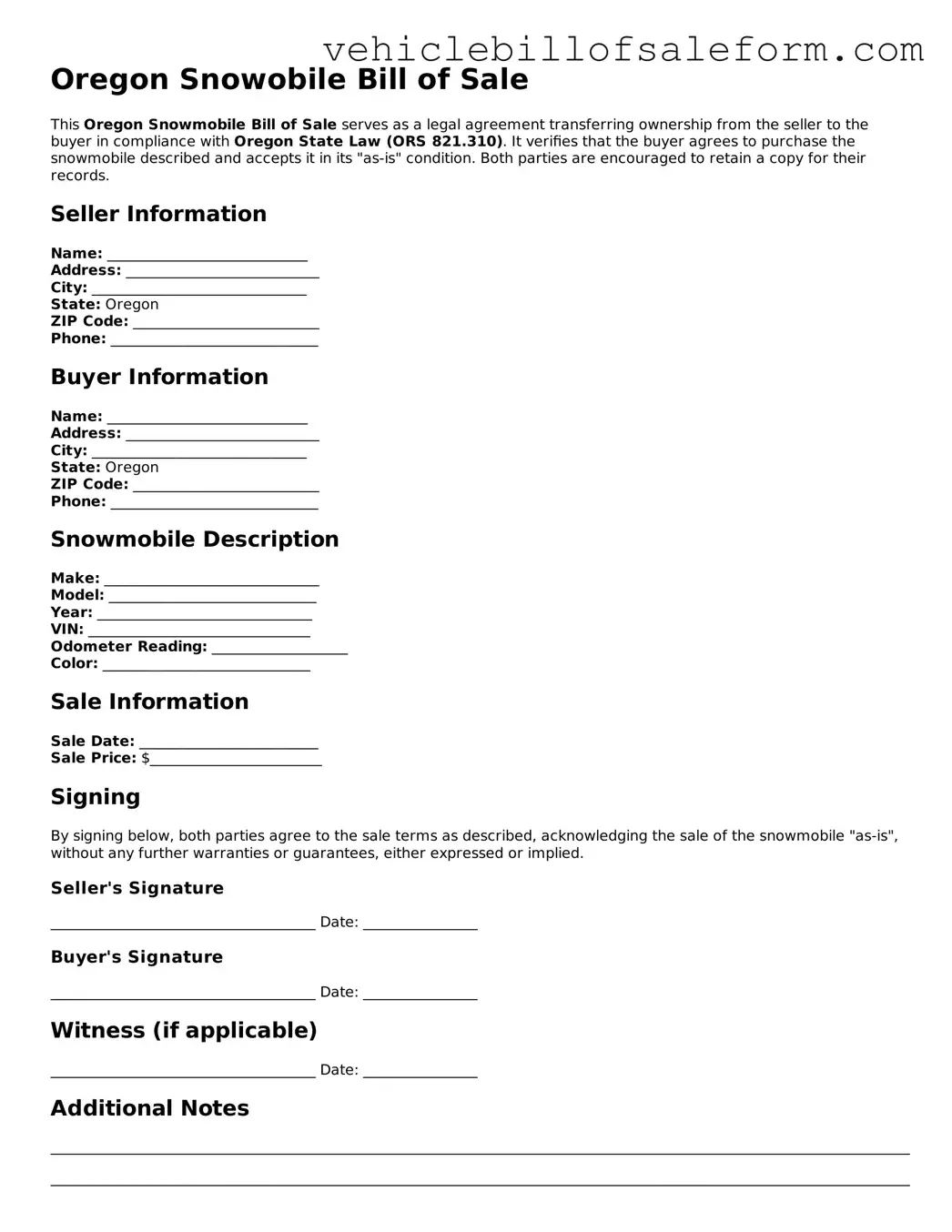 Printable  Snowmobile Bill of Sale Template for Oregon