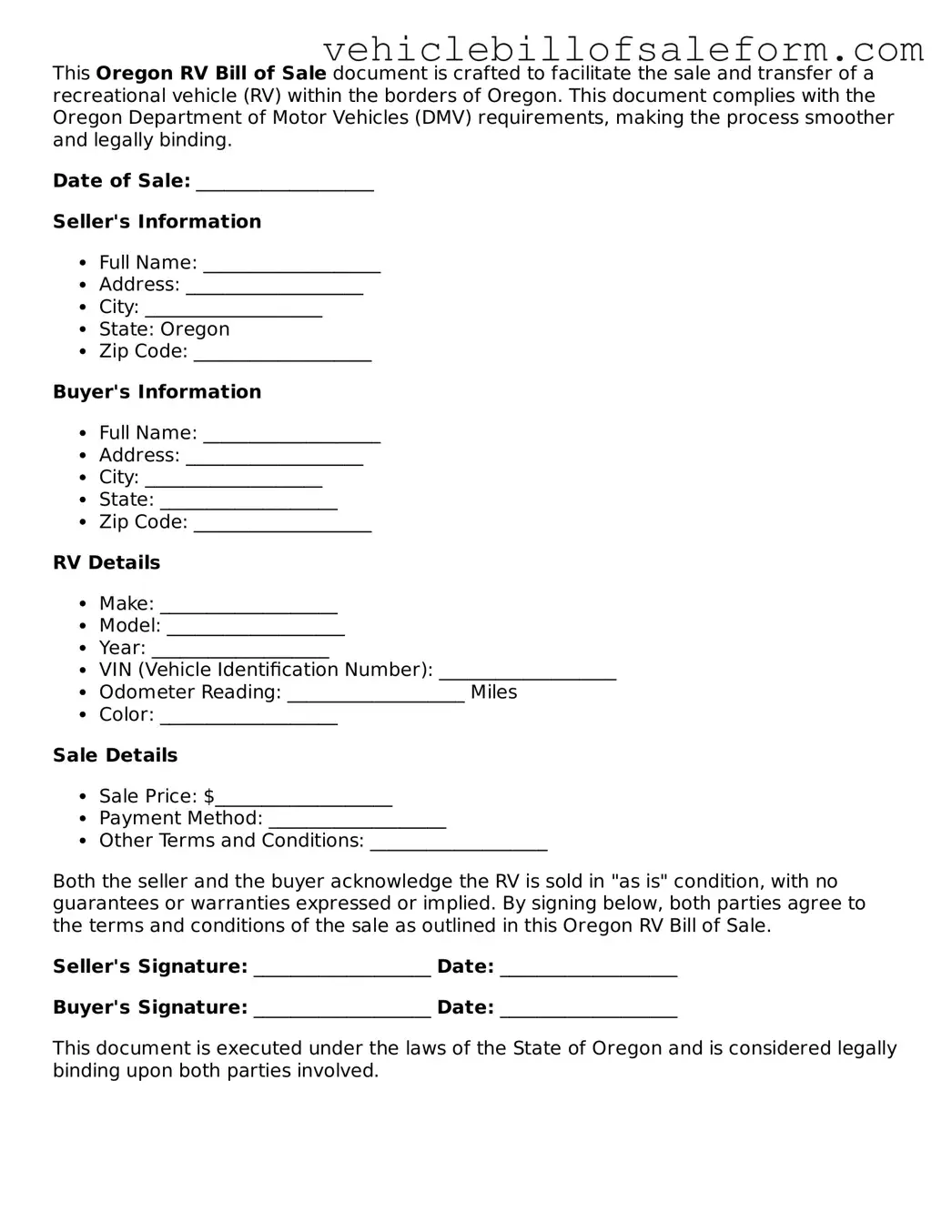 Printable  RV Bill of Sale Template for Oregon