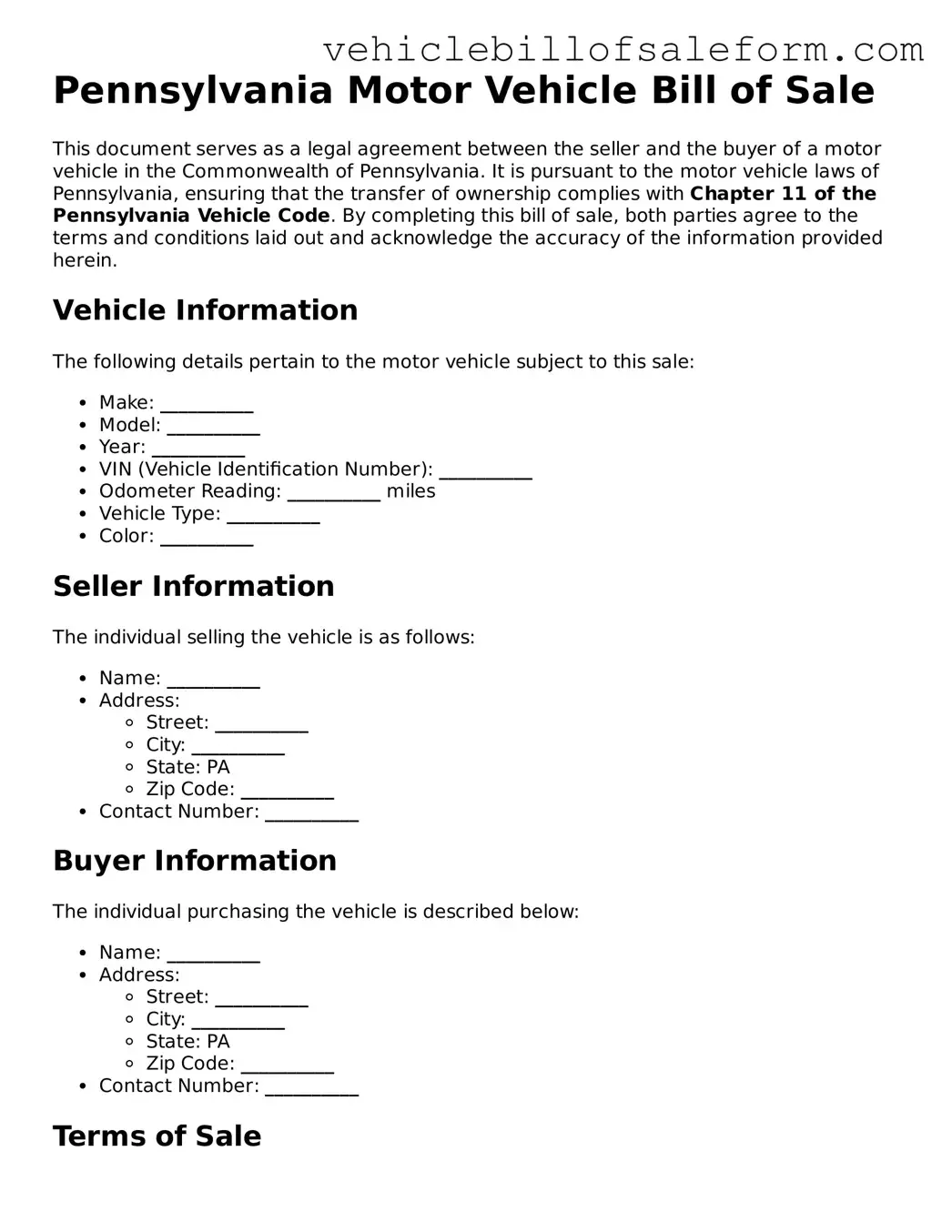 Printable  Motor Vehicle Bill of Sale Template for Pennsylvania