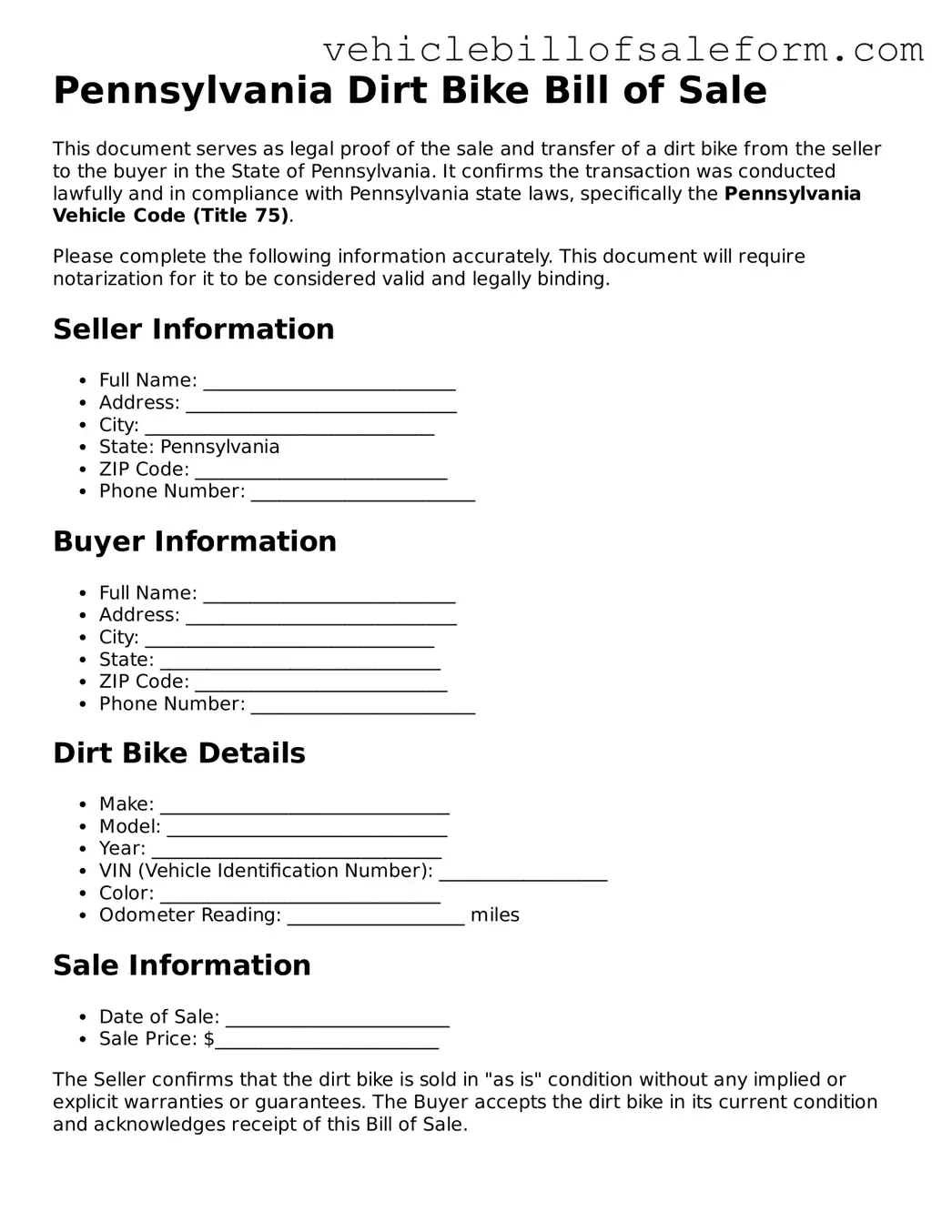 Printable  Dirt Bike Bill of Sale Template for Pennsylvania