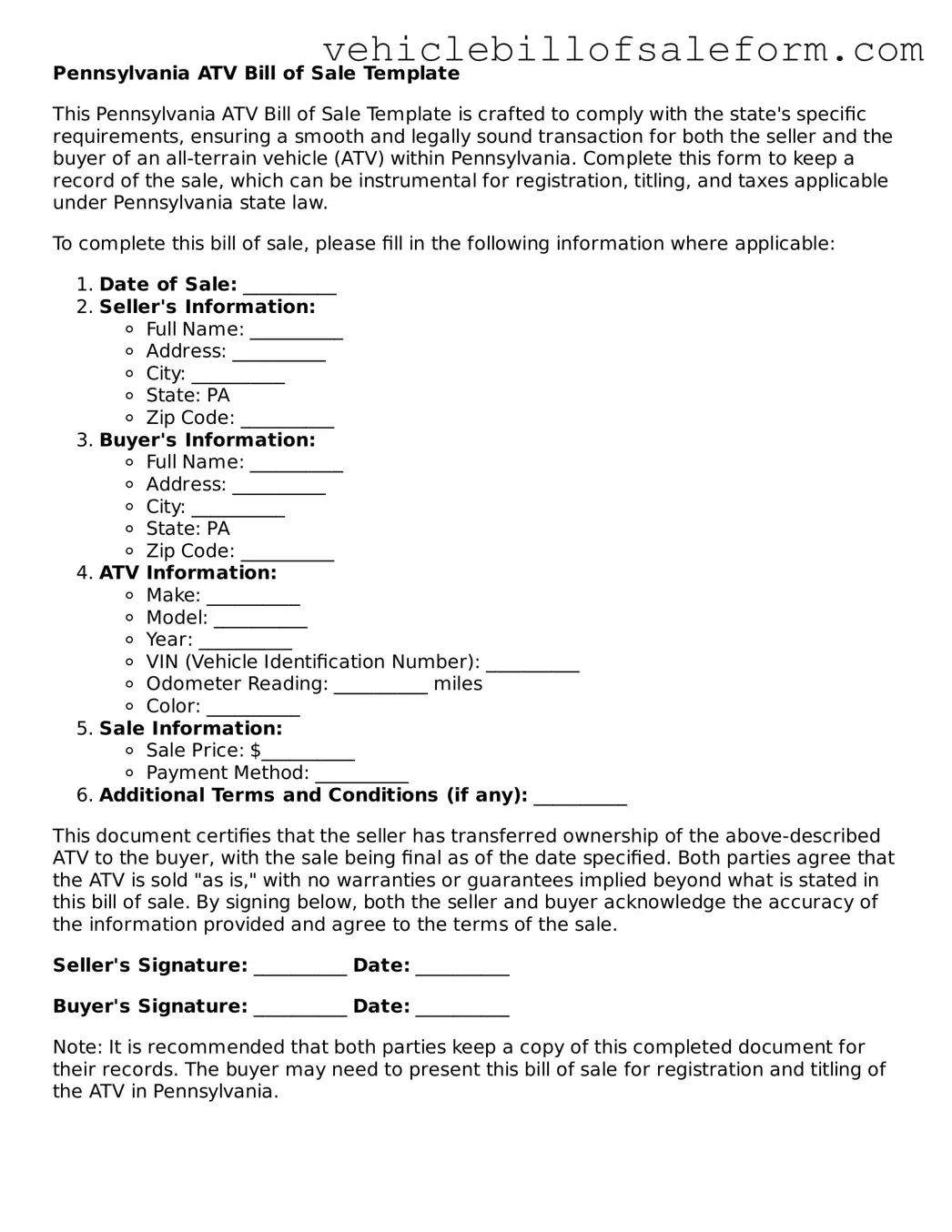 Printable  ATV Bill of Sale Template for Pennsylvania