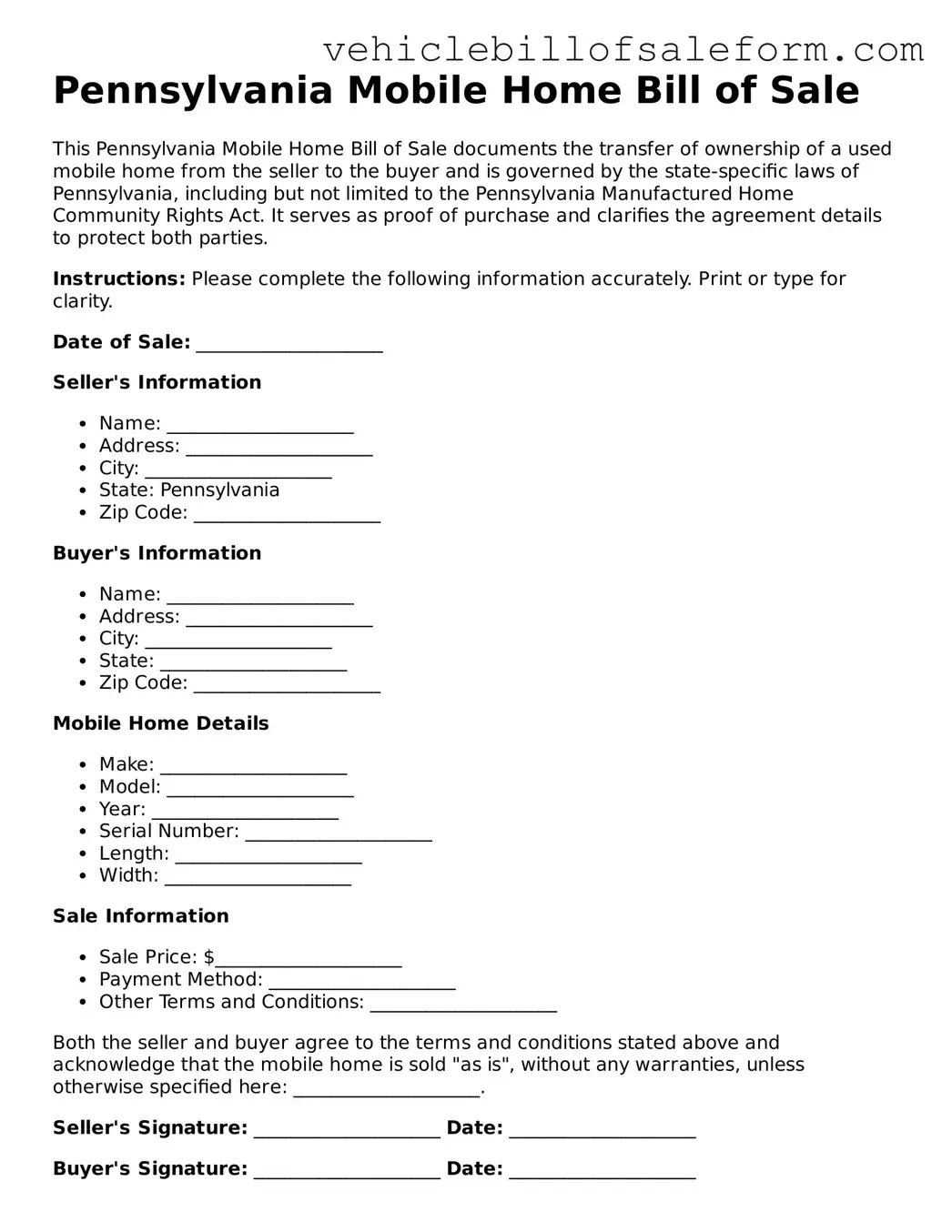 Printable  Mobile Home Bill of Sale Template for Pennsylvania