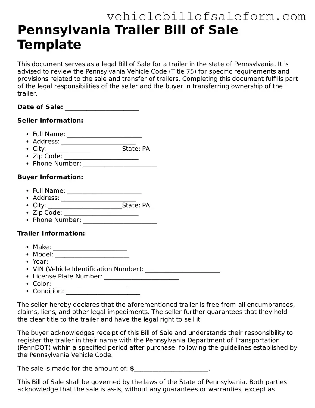 Printable  Trailer Bill of Sale Template for Pennsylvania