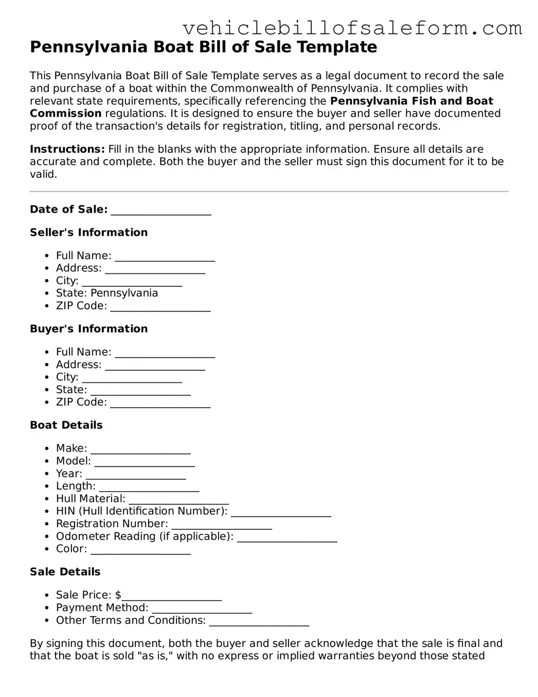 Printable  Boat Bill of Sale Template for Pennsylvania