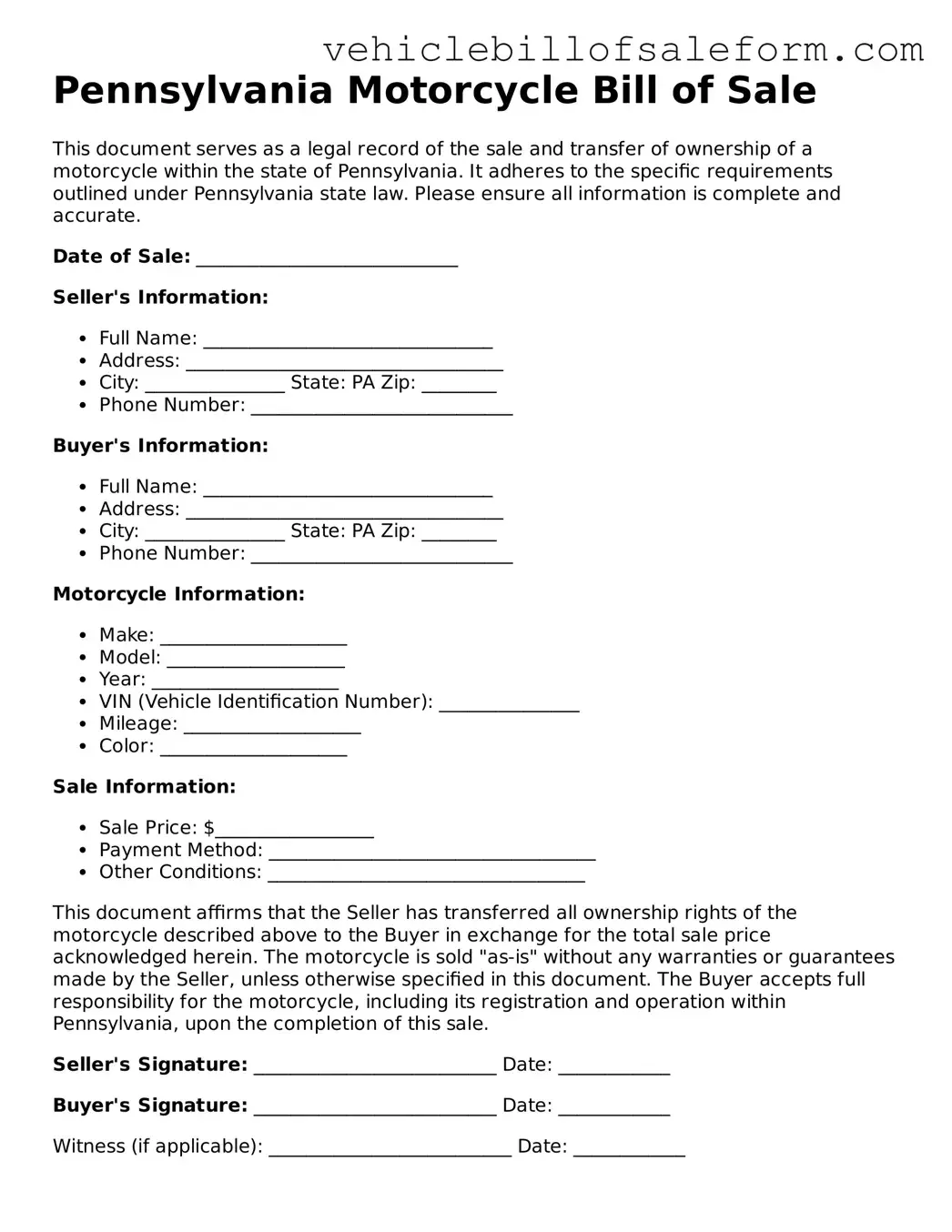 Printable  Motorcycle Bill of Sale Template for Pennsylvania