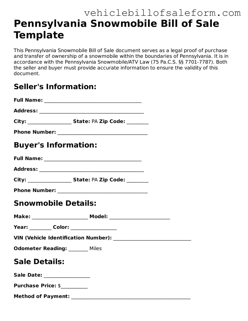 Printable  Snowmobile Bill of Sale Template for Pennsylvania