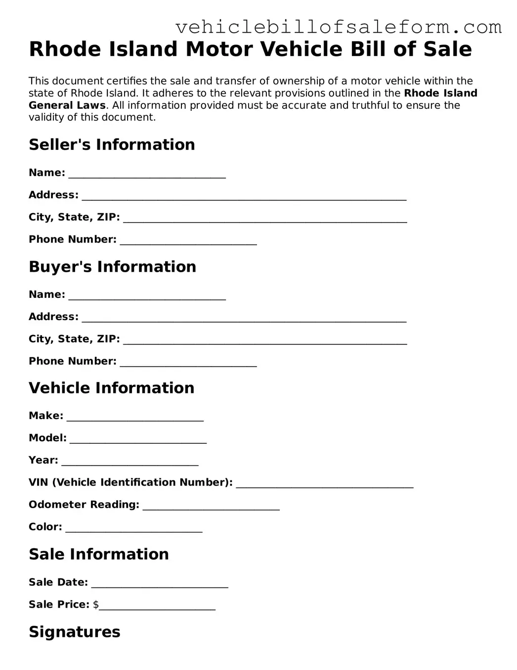 Printable  Motor Vehicle Bill of Sale Template for Rhode Island