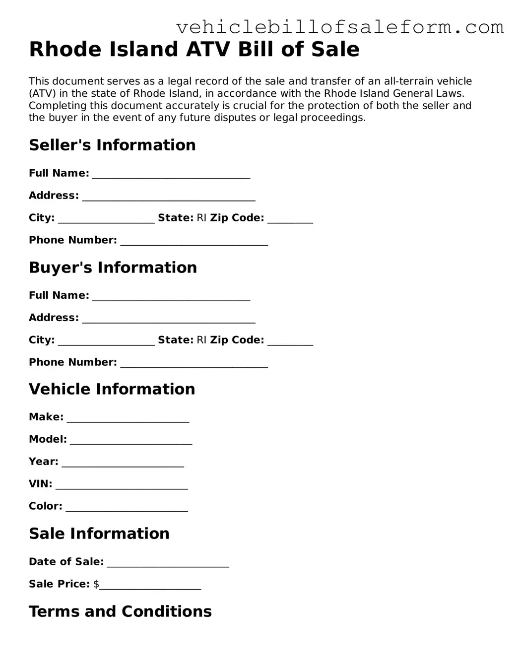 Printable  ATV Bill of Sale Template for Rhode Island