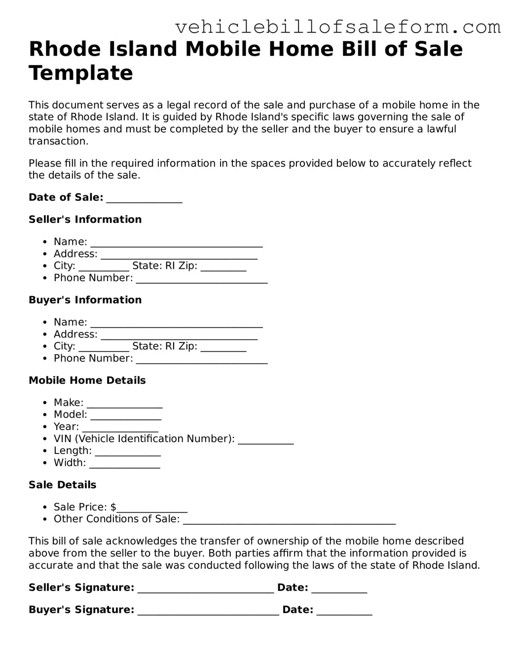 Printable  Mobile Home Bill of Sale Template for Rhode Island