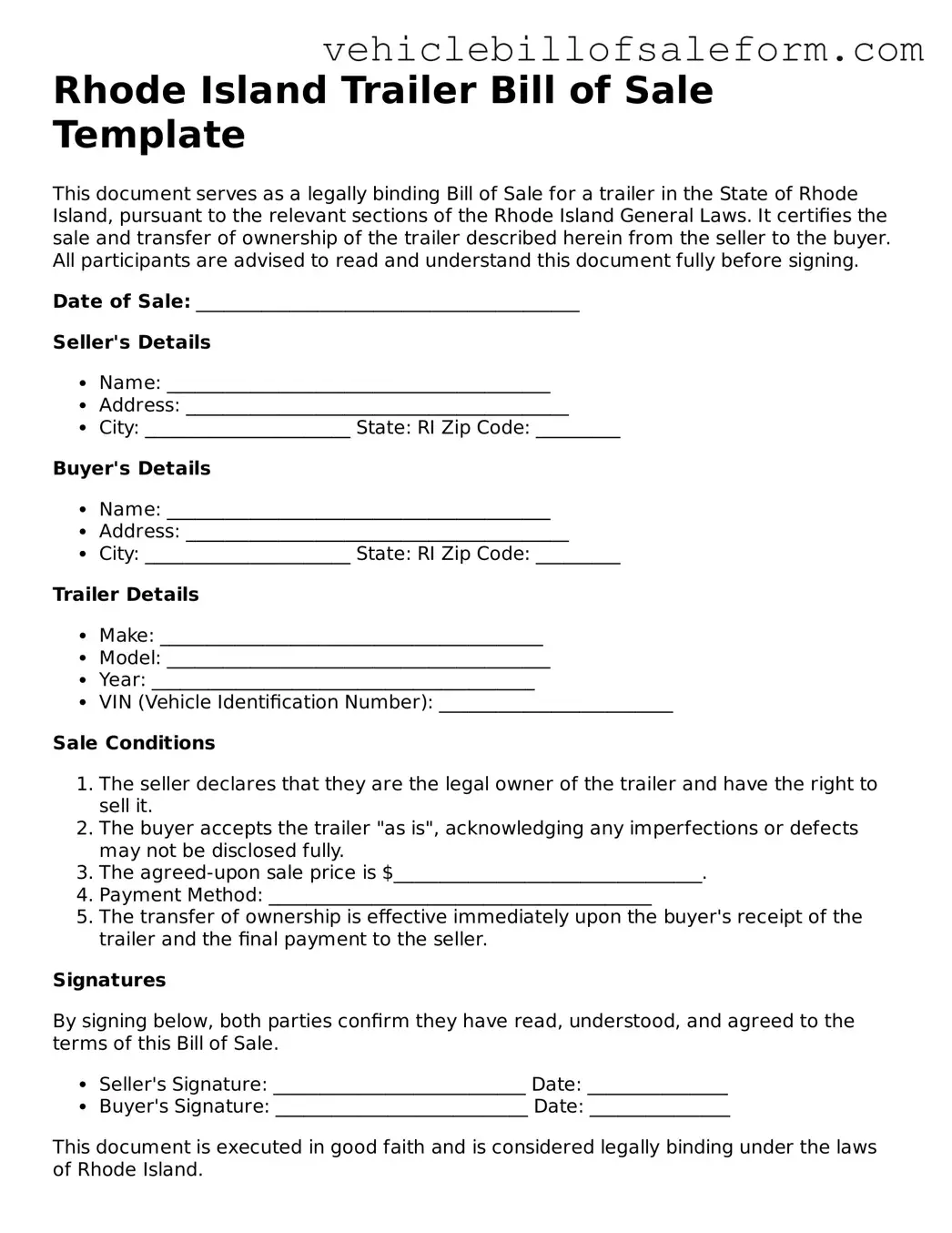 Printable  Trailer Bill of Sale Template for Rhode Island