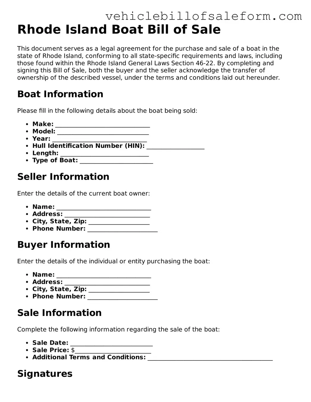 Printable  Boat Bill of Sale Template for Rhode Island