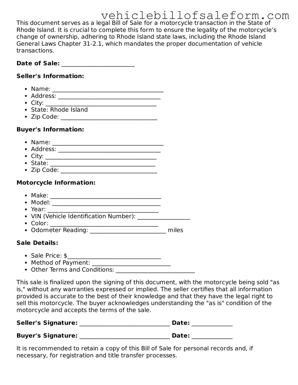 Printable  Motorcycle Bill of Sale Template for Rhode Island