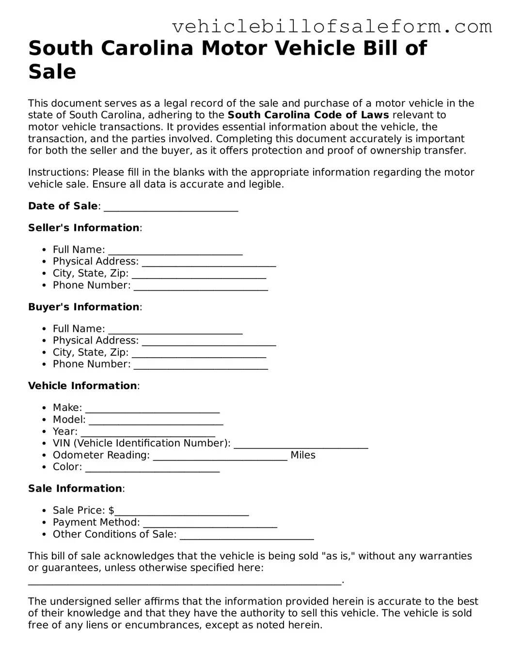 Printable  Motor Vehicle Bill of Sale Template for South Carolina