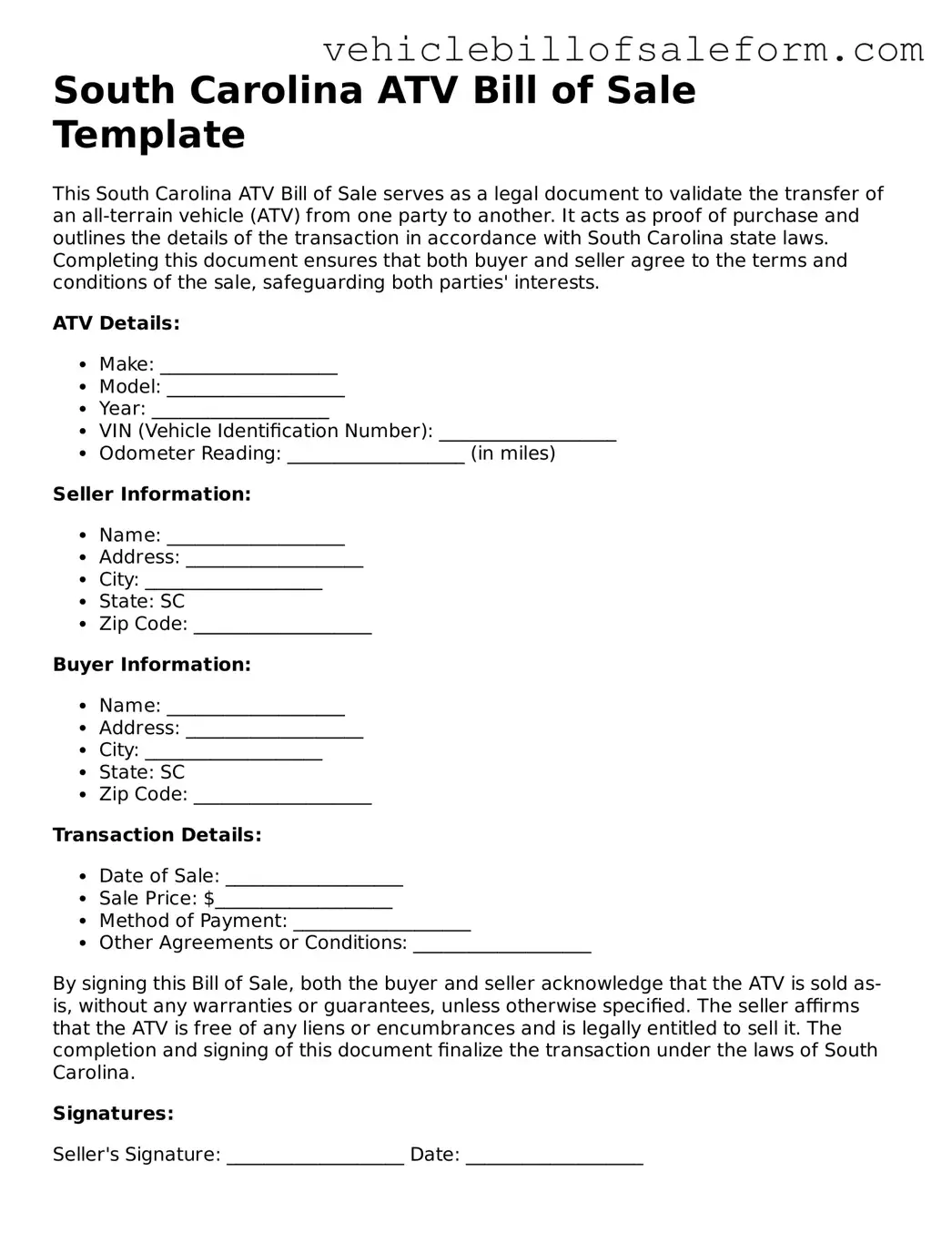 Printable  ATV Bill of Sale Template for South Carolina
