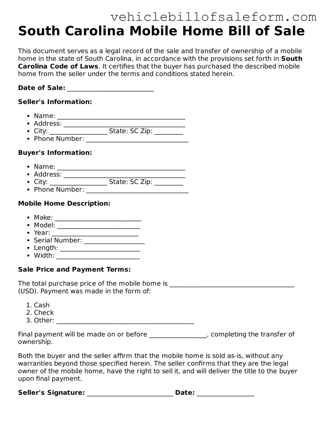 Printable  Mobile Home Bill of Sale Template for South Carolina