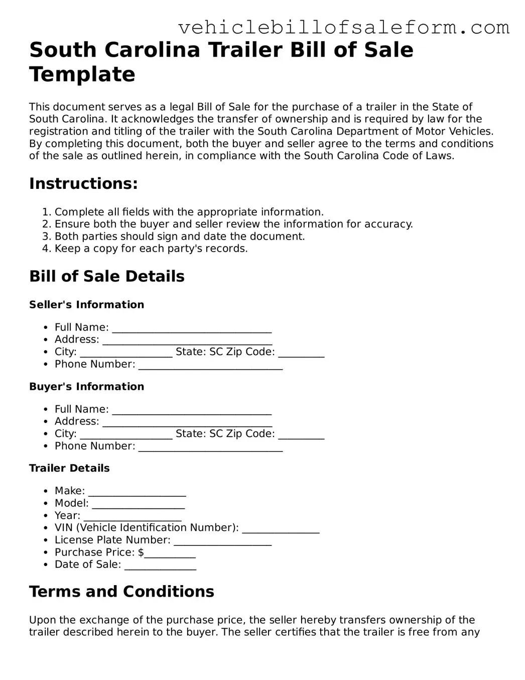 Printable  Trailer Bill of Sale Template for South Carolina