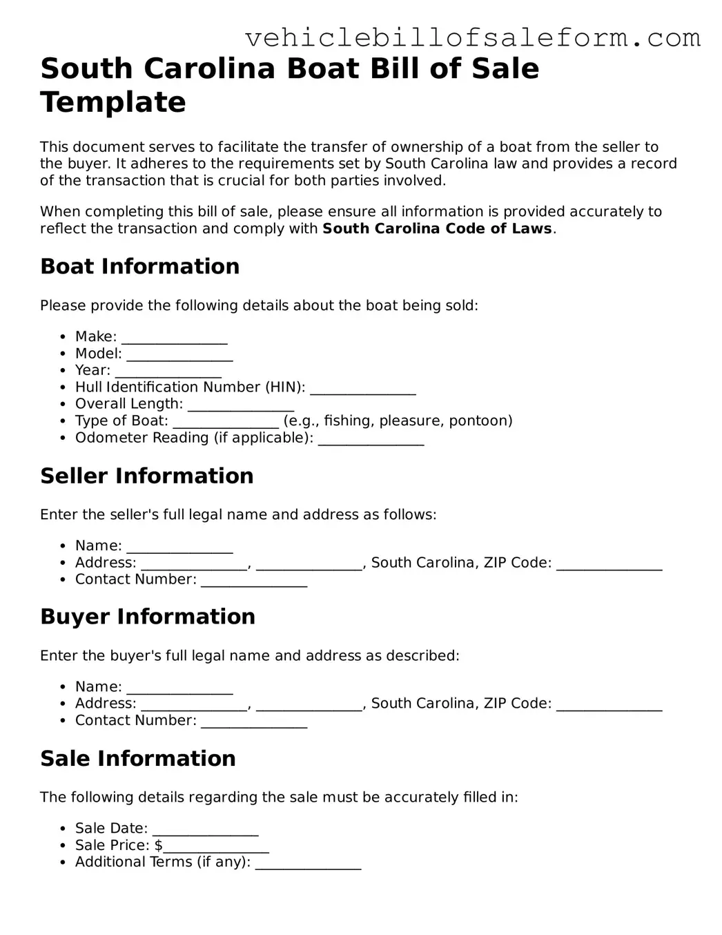 Printable  Boat Bill of Sale Template for South Carolina