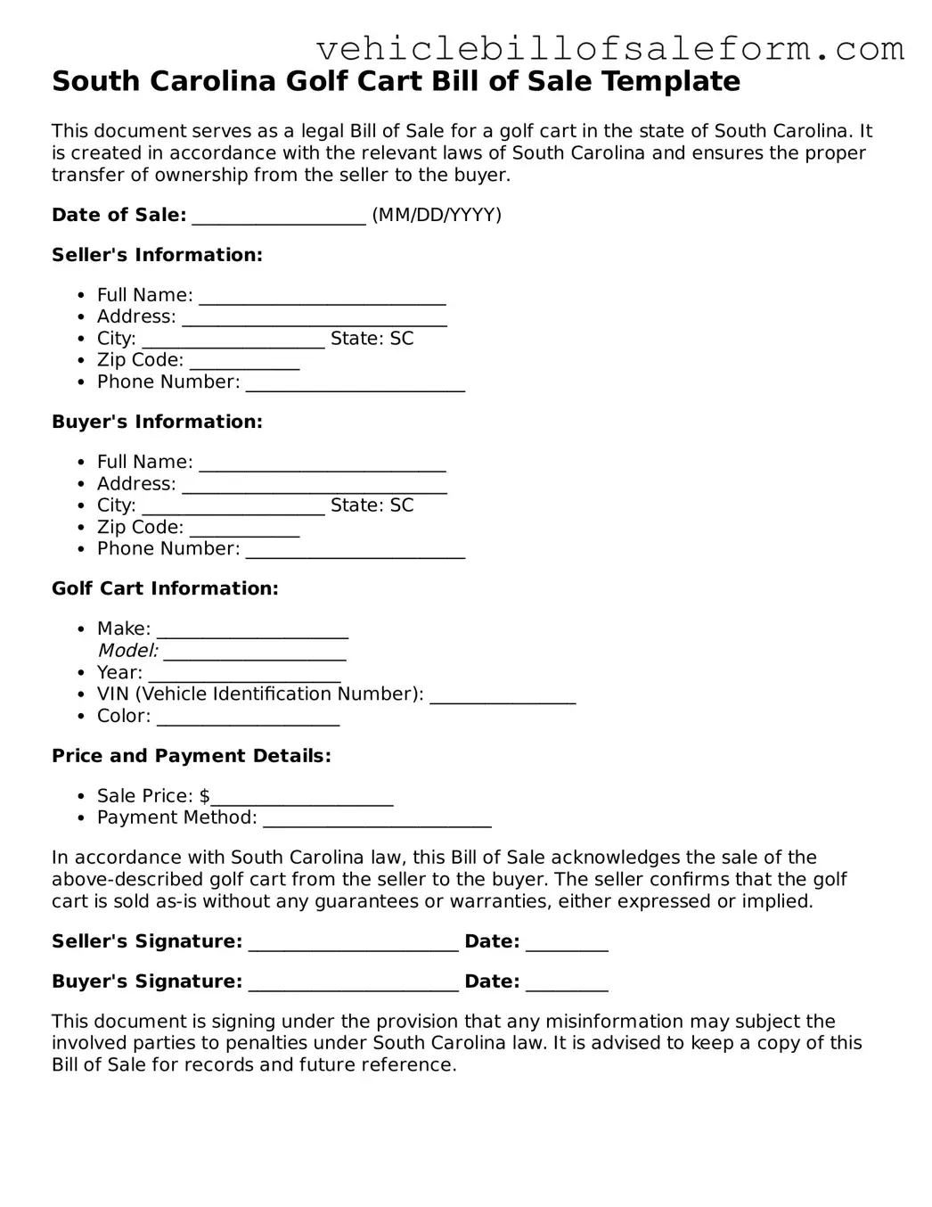 Printable  Golf Cart Bill of Sale Template for South Carolina