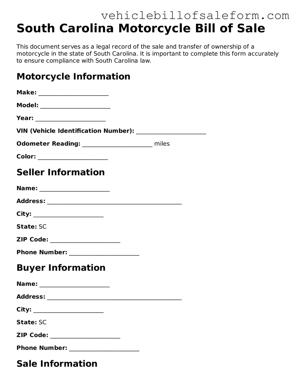 Printable  Motorcycle Bill of Sale Template for South Carolina