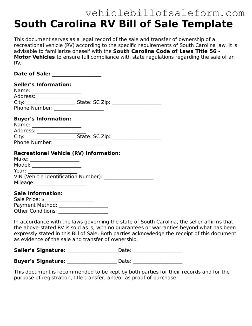 Printable  RV Bill of Sale Template for South Carolina