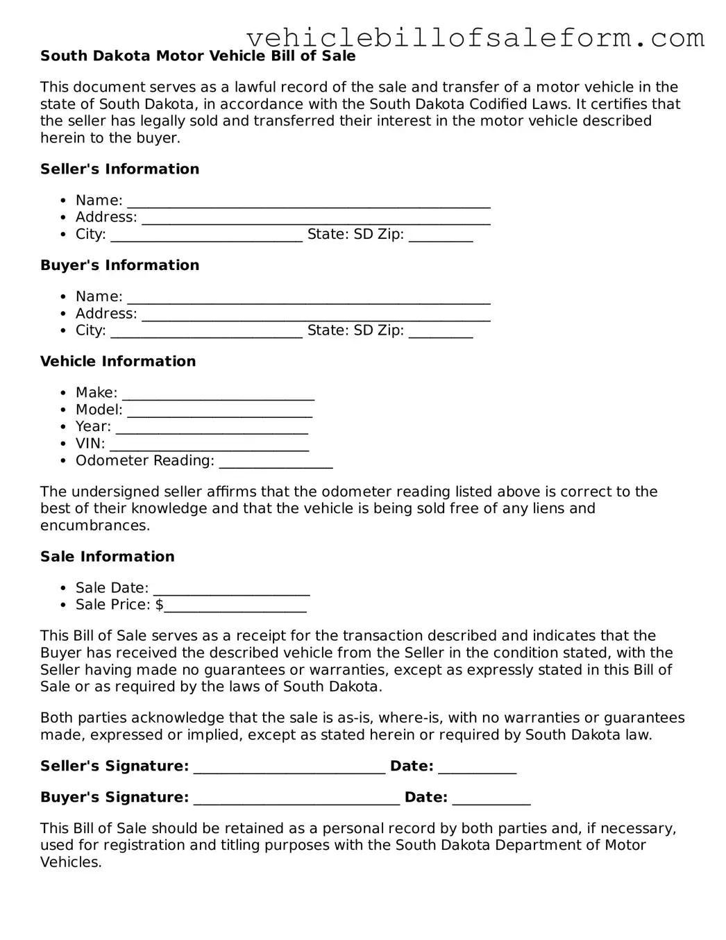 Printable  Motor Vehicle Bill of Sale Template for South Dakota