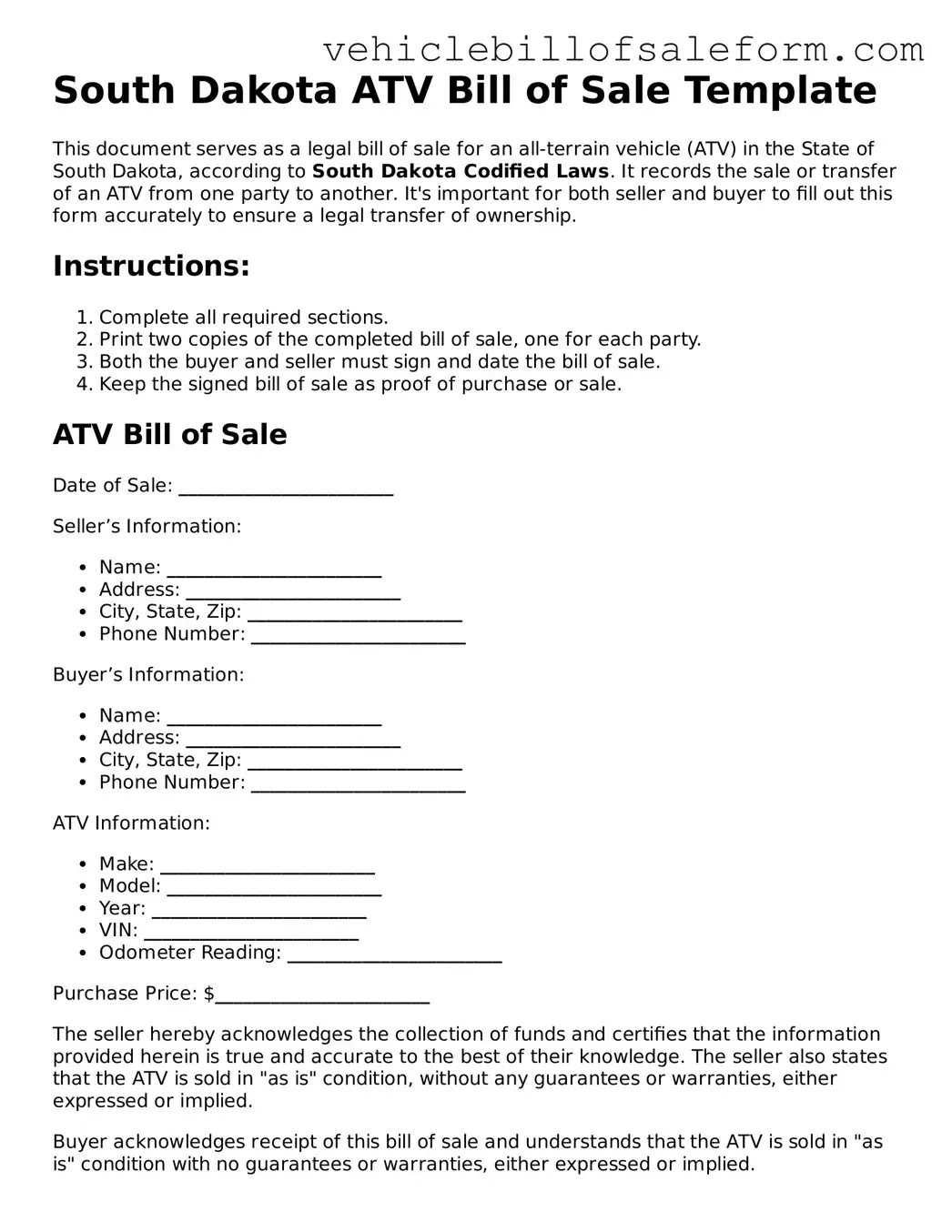 Printable  ATV Bill of Sale Template for South Dakota