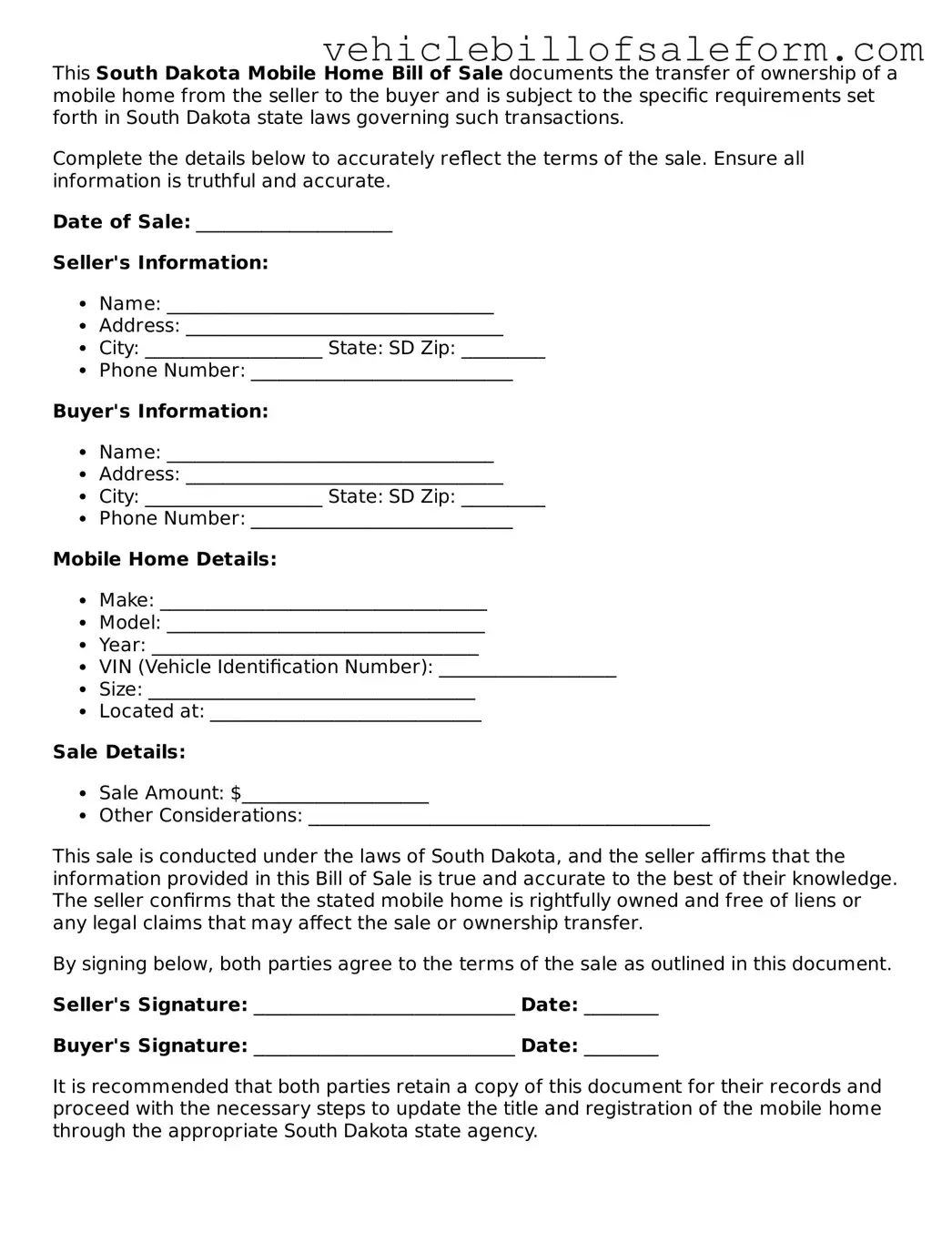 Printable  Mobile Home Bill of Sale Template for South Dakota