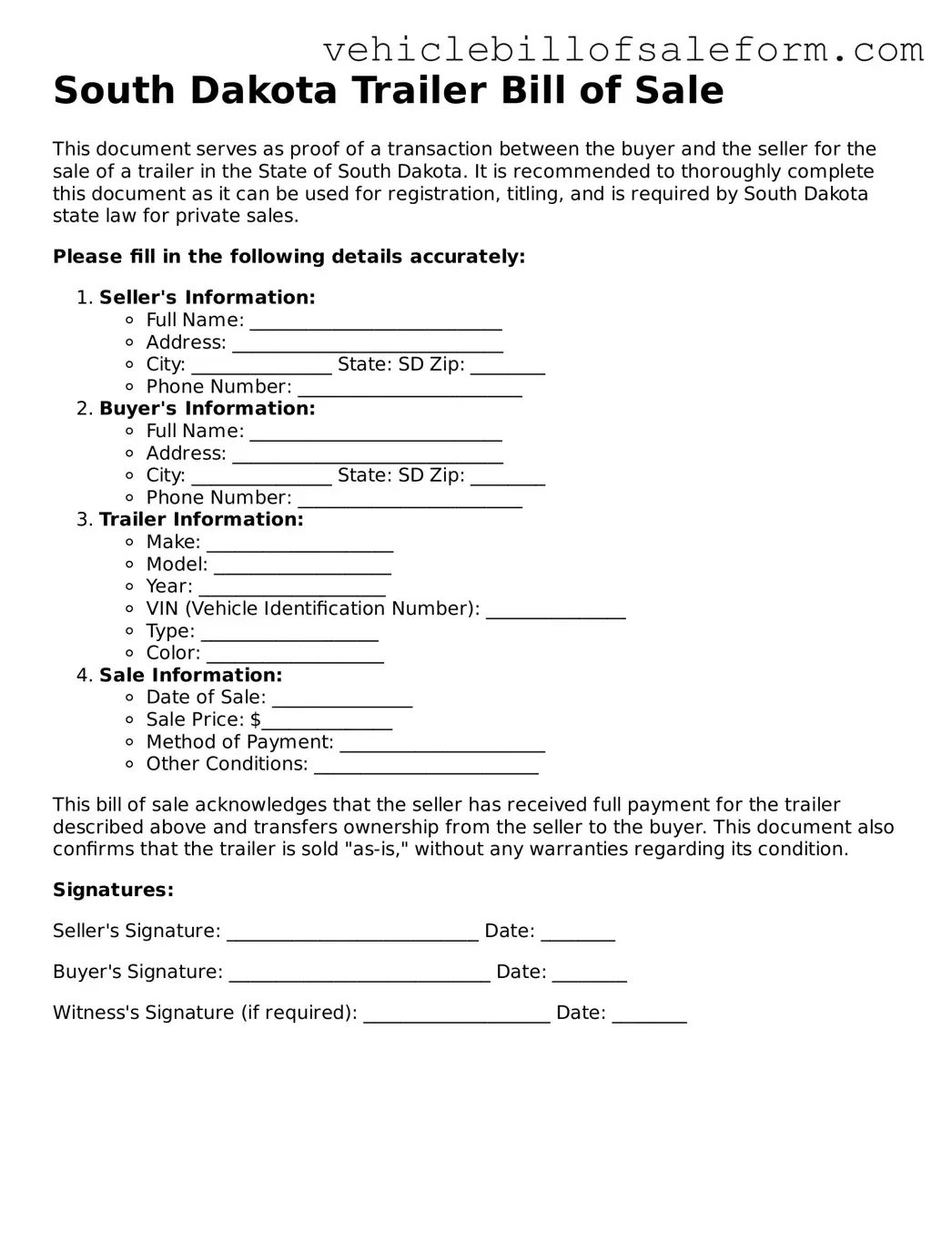 Printable  Trailer Bill of Sale Template for South Dakota