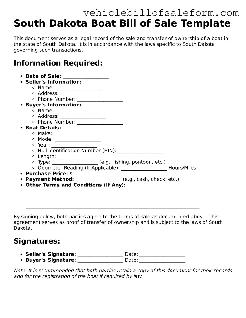 Printable  Boat Bill of Sale Template for South Dakota