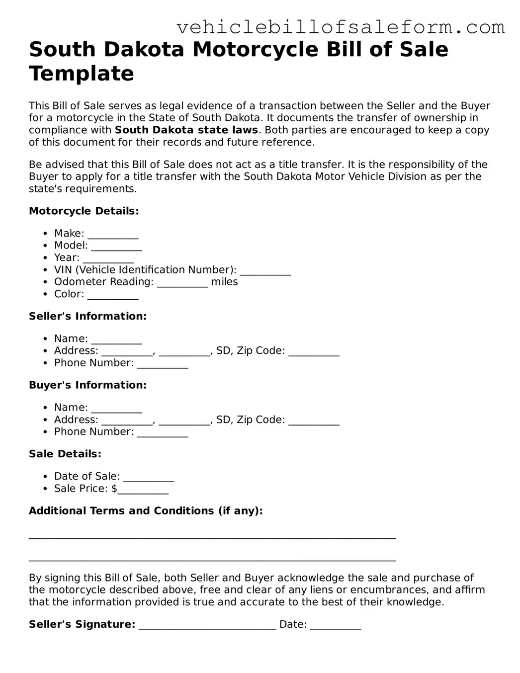 Printable  Motorcycle Bill of Sale Template for South Dakota