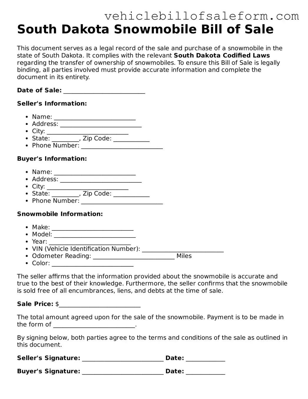 Printable  Snowmobile Bill of Sale Template for South Dakota