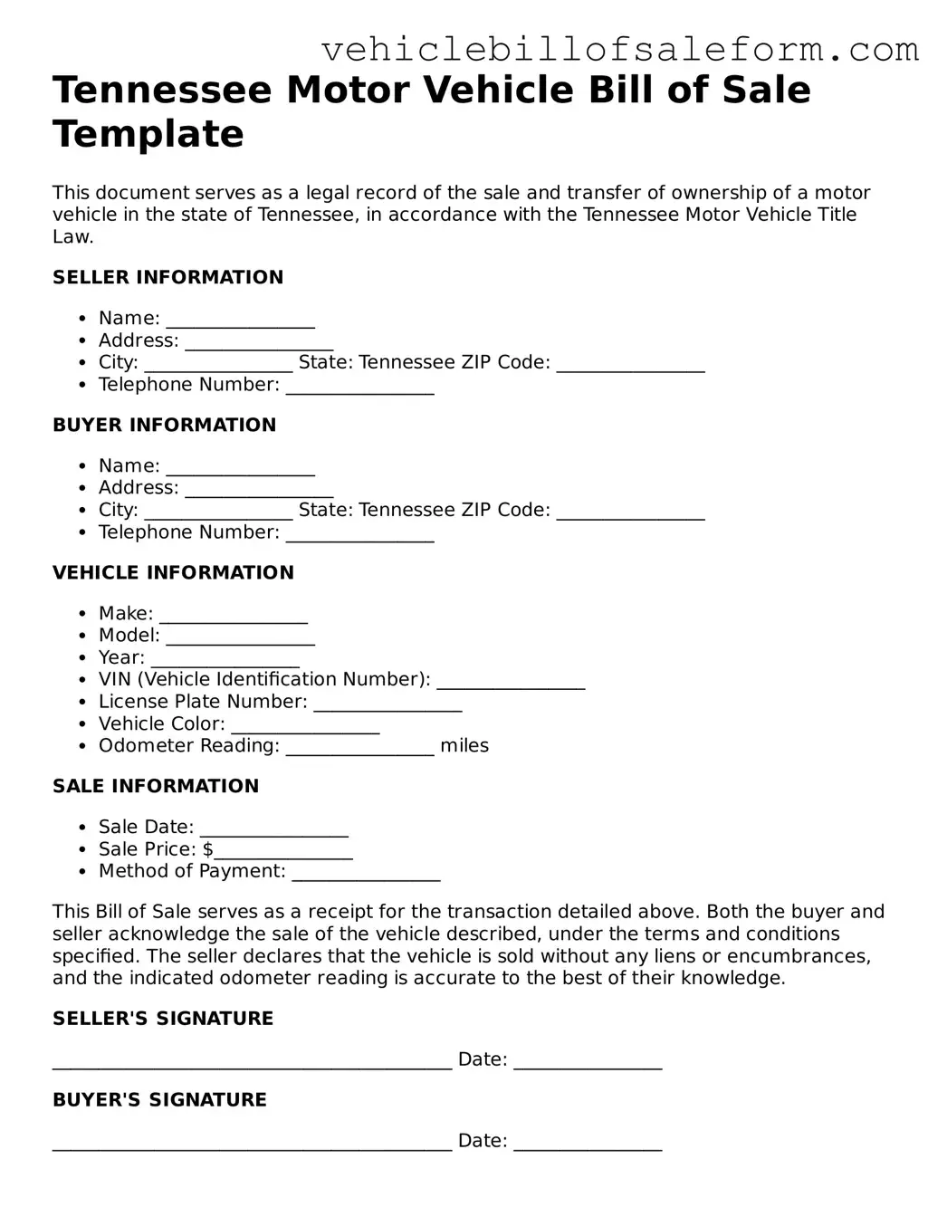 Printable  Motor Vehicle Bill of Sale Template for Tennessee