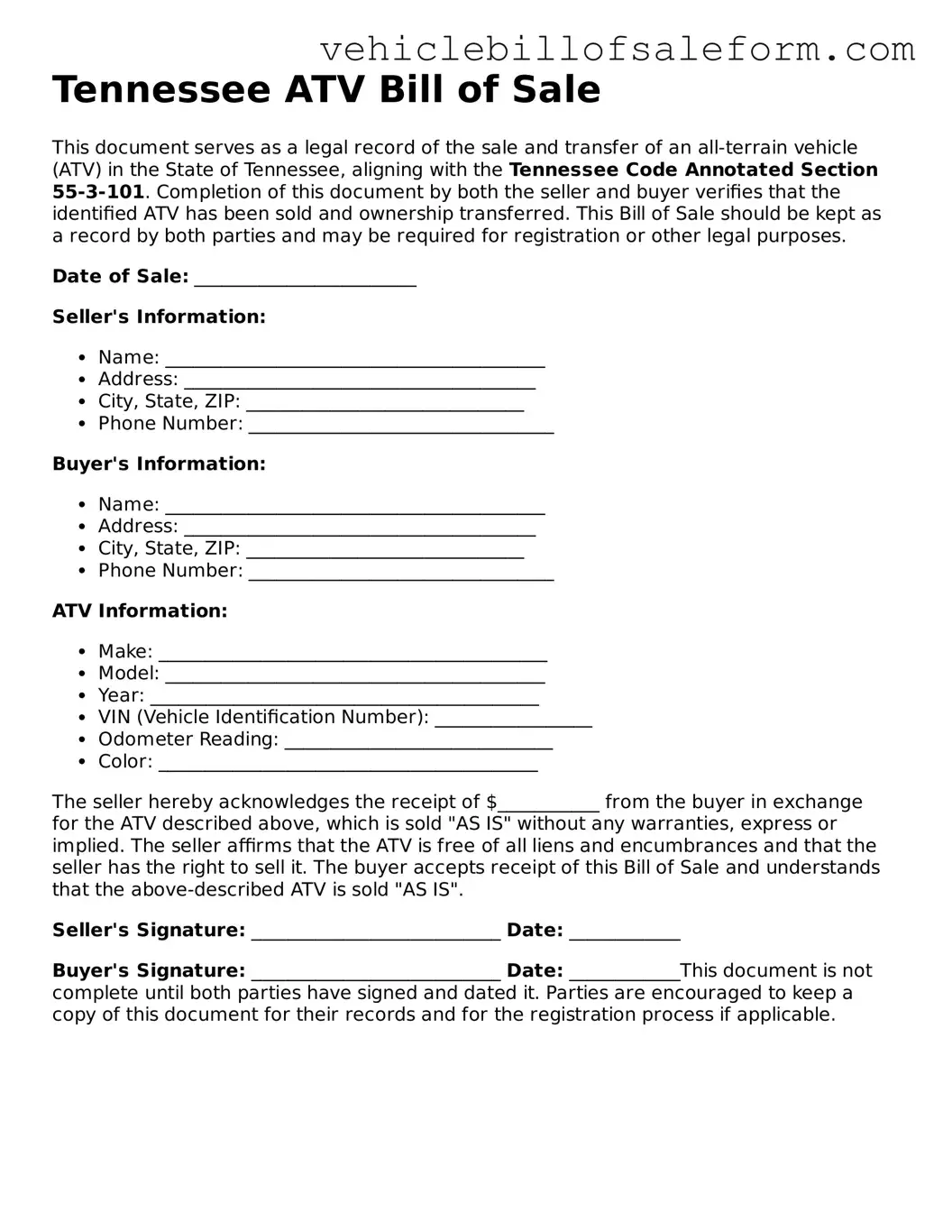 Printable  ATV Bill of Sale Template for Tennessee