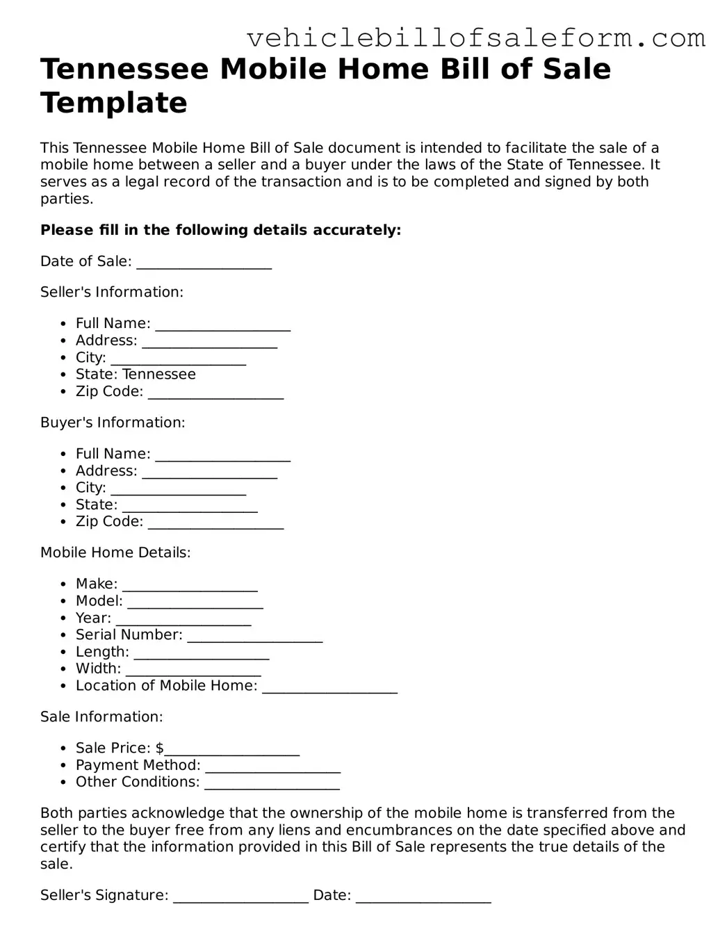 Printable  Mobile Home Bill of Sale Template for Tennessee