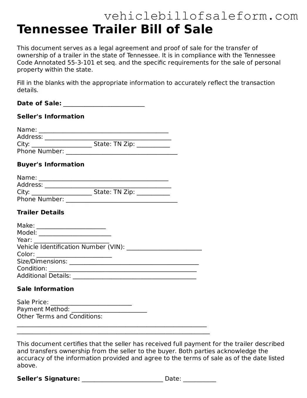 Printable  Trailer Bill of Sale Template for Tennessee