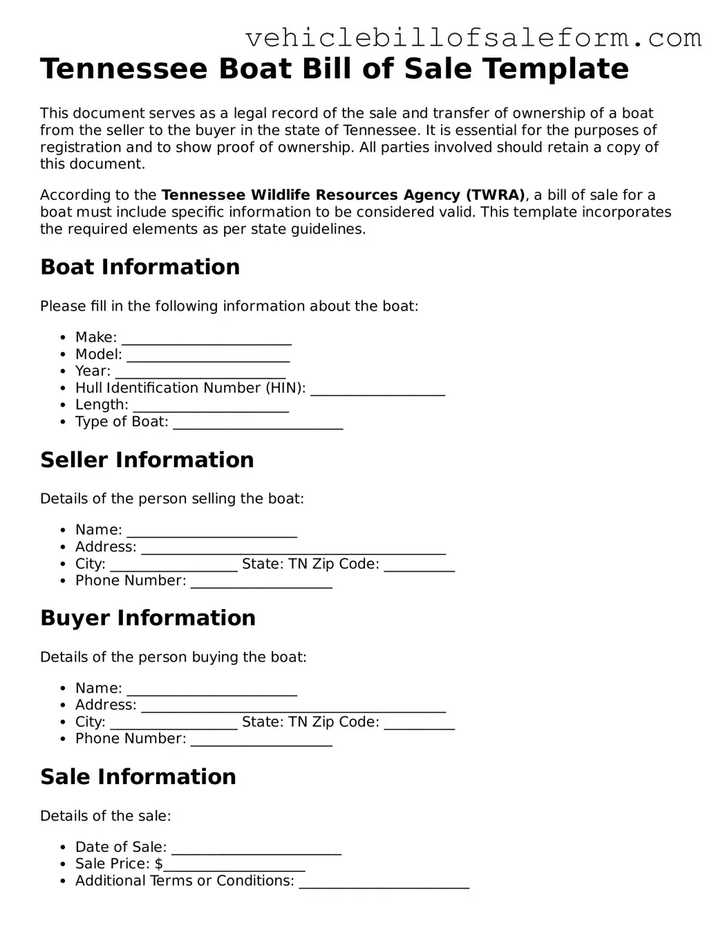 Printable  Boat Bill of Sale Template for Tennessee