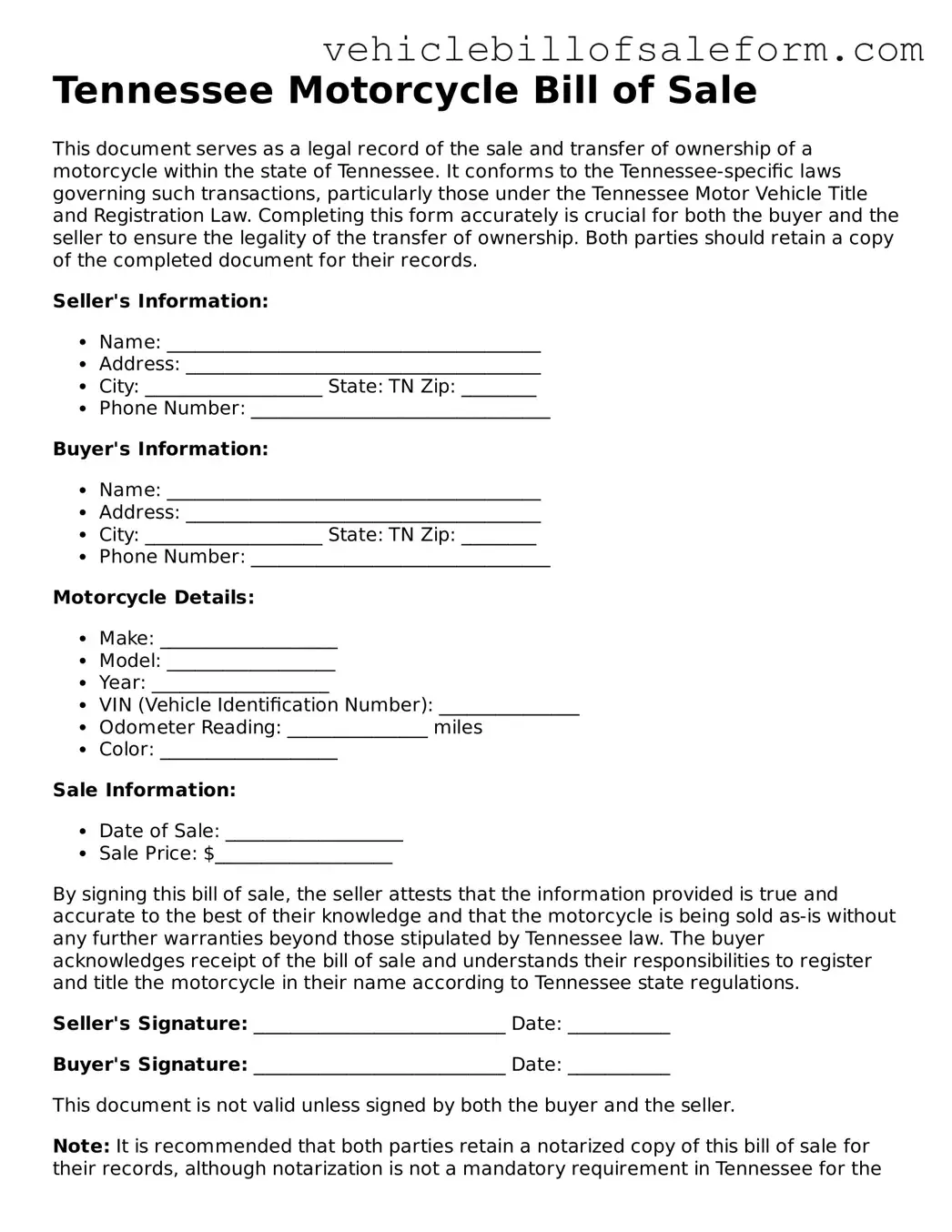 Printable  Motorcycle Bill of Sale Template for Tennessee