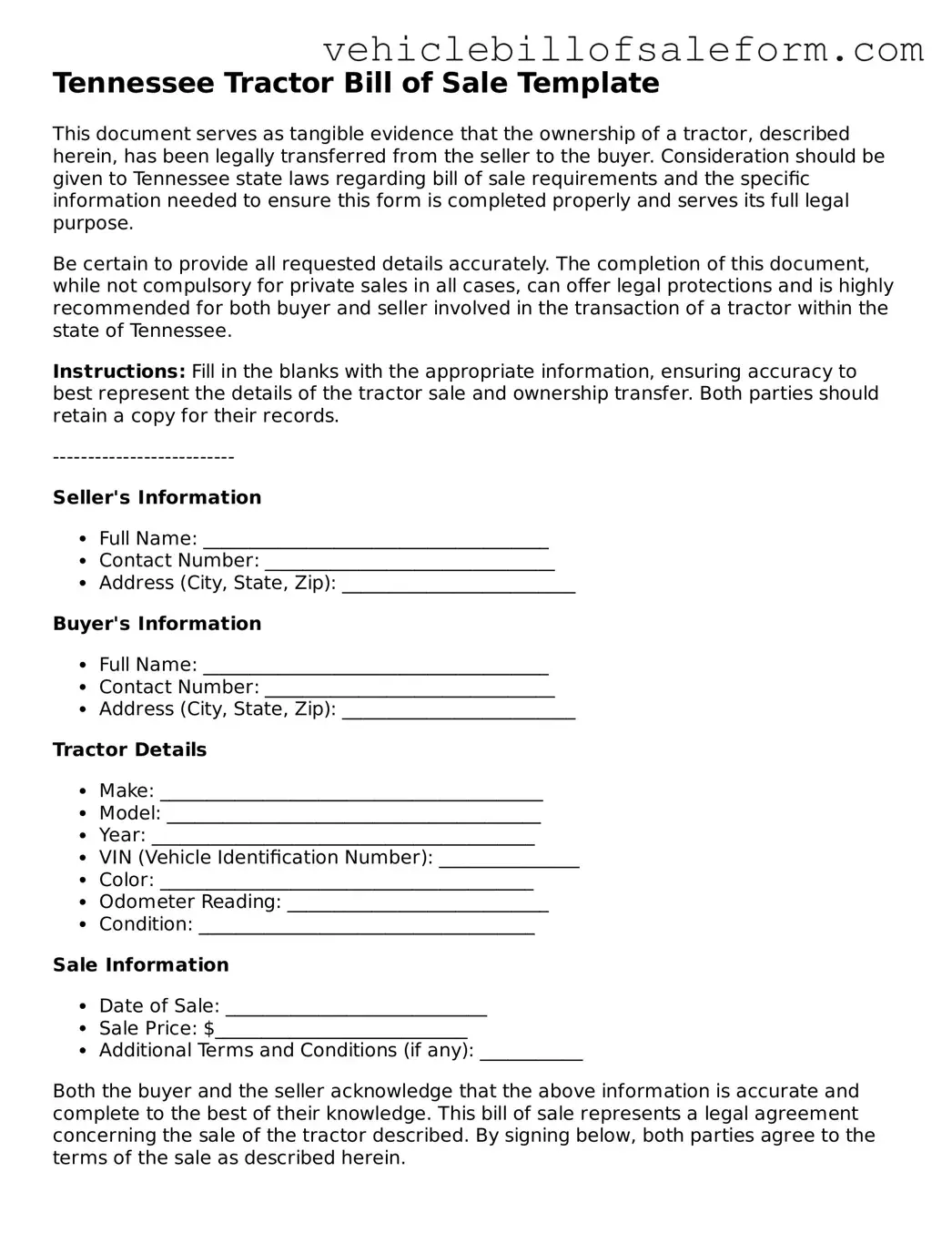 Printable  Tractor Bill of Sale Template for Tennessee